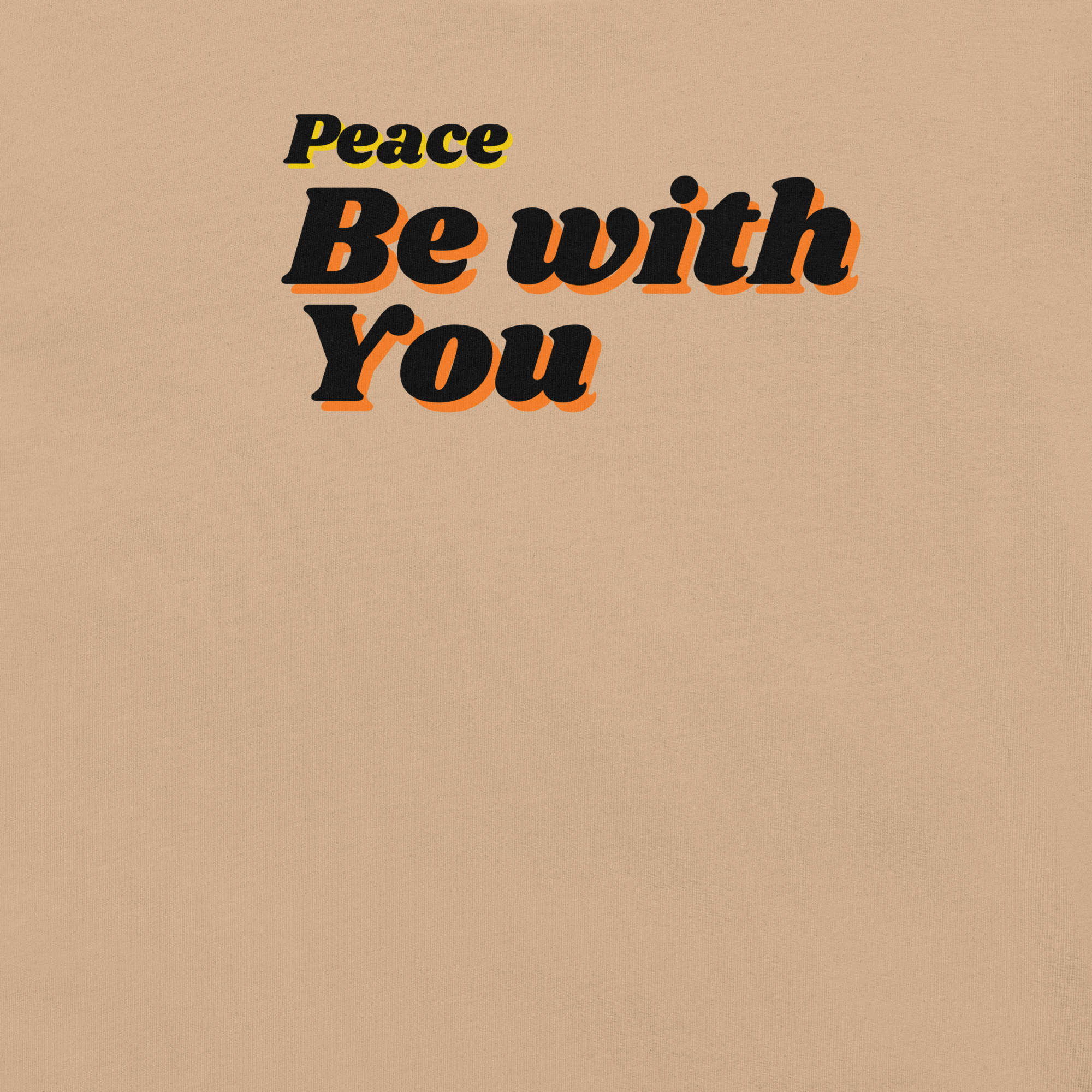 Logo stamp inside navy 'Peace Be With You' T-shirt, showing brand and care instructions.