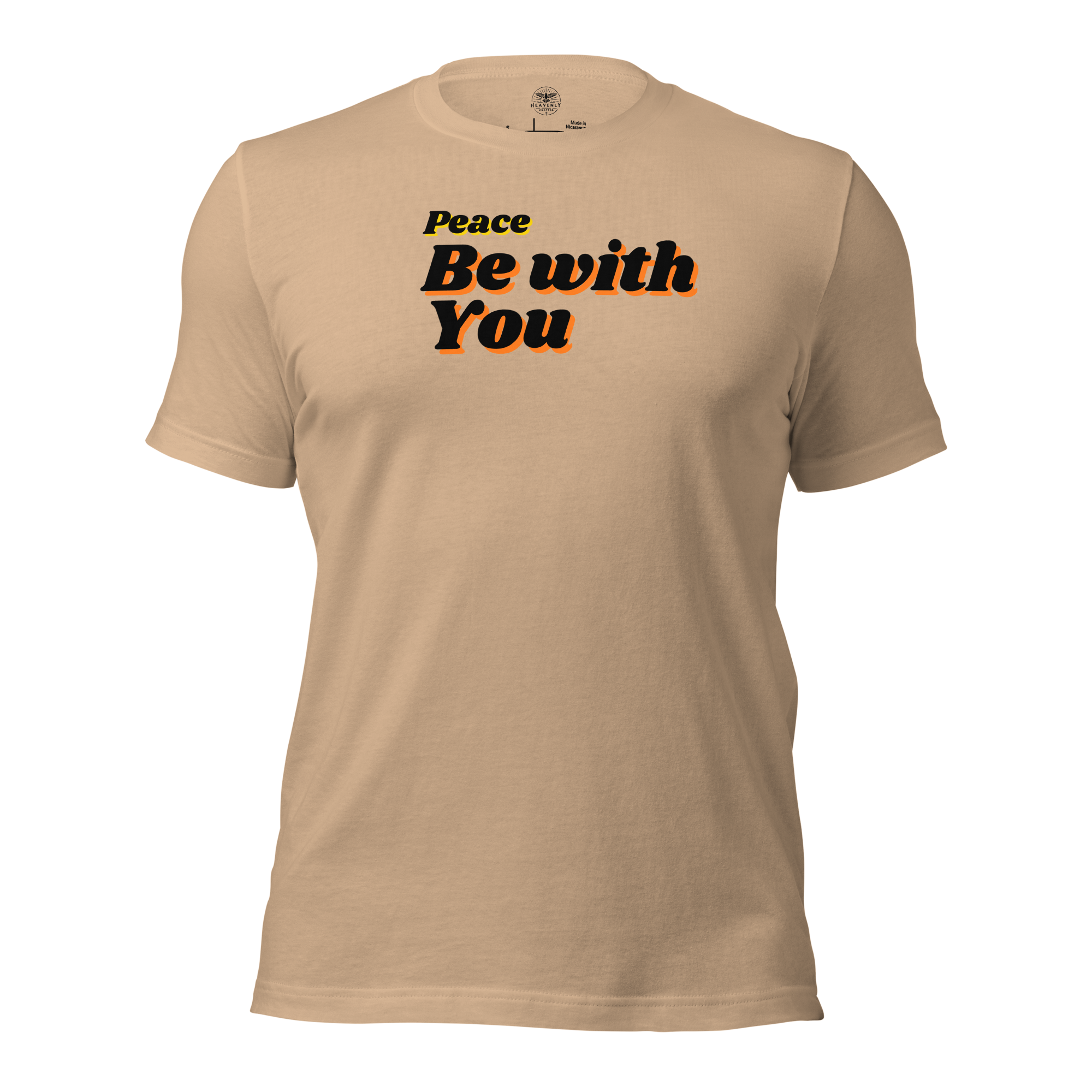 3D mockup of navy 'Peace Be With You' T-shirt.