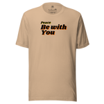 Front view of navy 'Peace Be With You' T-shirt on a flat surface.