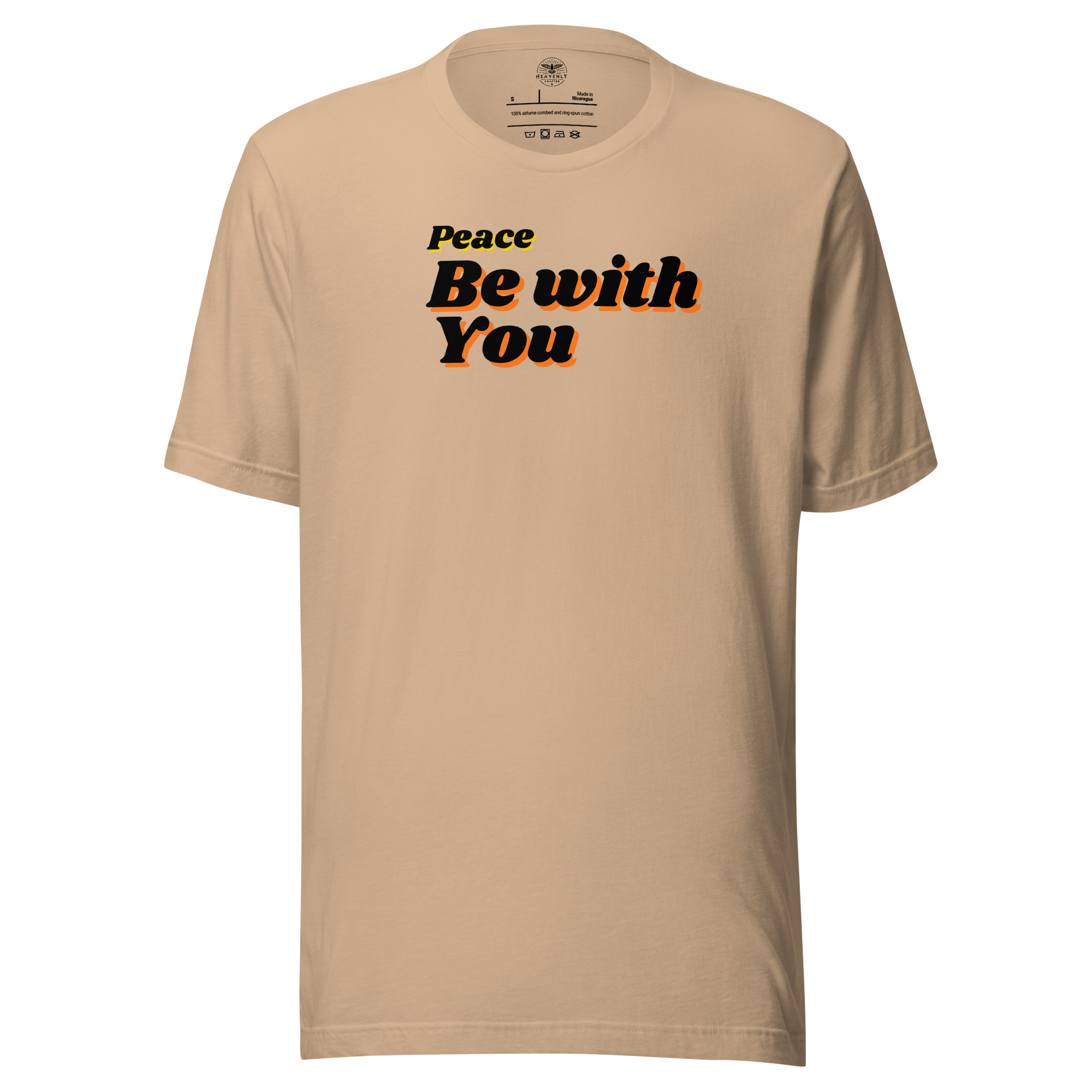 Front view of navy 'Peace Be With You' T-shirt on a flat surface.