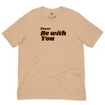 Back view of navy T-shirt, plain, on a flat surface.
