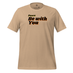 Back view of navy T-shirt, plain, on a flat surface.
