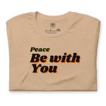 Folded navy T-shirt with 'Peace Be With You' in vintage white script.