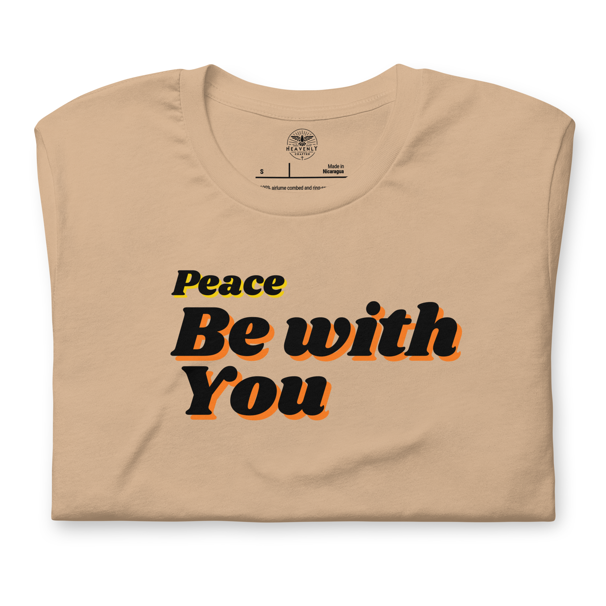 Folded navy T-shirt with 'Peace Be With You' in vintage white script.