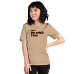 Model wearing navy 'Peace Be With You' T-shirt, three-quarter view.
