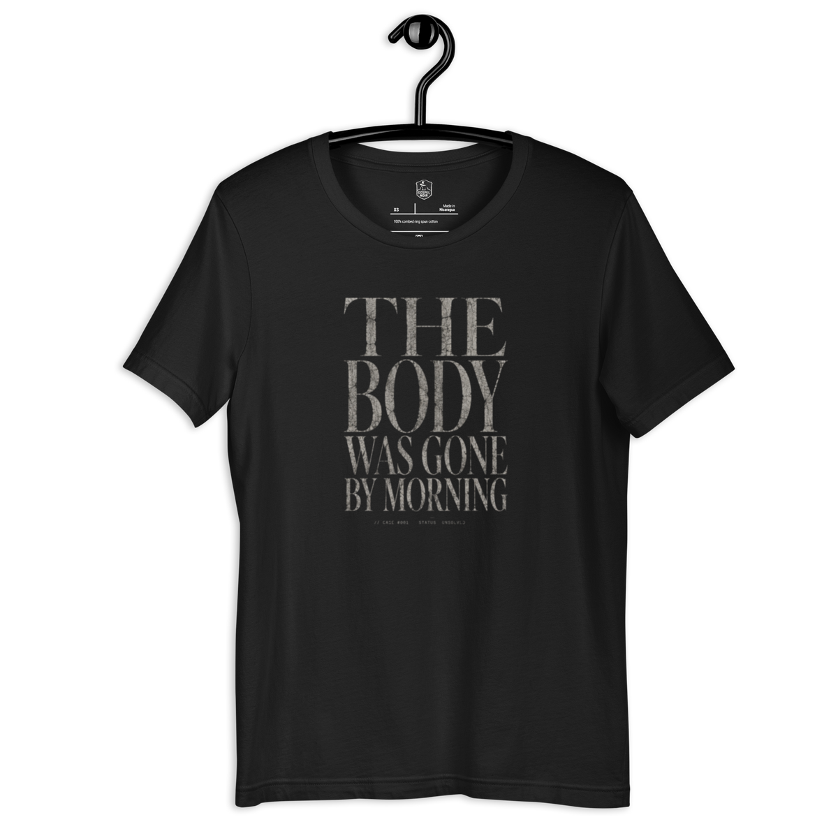 The Body Was Gone By Morning Christian t-shirt displayed on hanger Gospel Noir