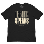 Close-up of The Evidence Speaks Romans 1:20 typography on Gospel Noir Christian t-shirt Flat Black