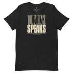 Gospel Noir The Evidence Speaks Romans 1:20 Christian t-shirt displayed on hanger flat Black Classic Vintage black and white logo