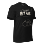 Gospel Noir I Investigated He’s Alive Christian t-shirt front typography design - 3/4 view Solid Black "Investigated He's Alive" T-Shirt right