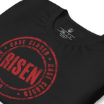 Folded Gospel Noir Case Closed Risen John 3:16 black Christian t-shirt Close-up of Gospel Noir Case Closed Risen stamp graphic on black Christian t-shirt