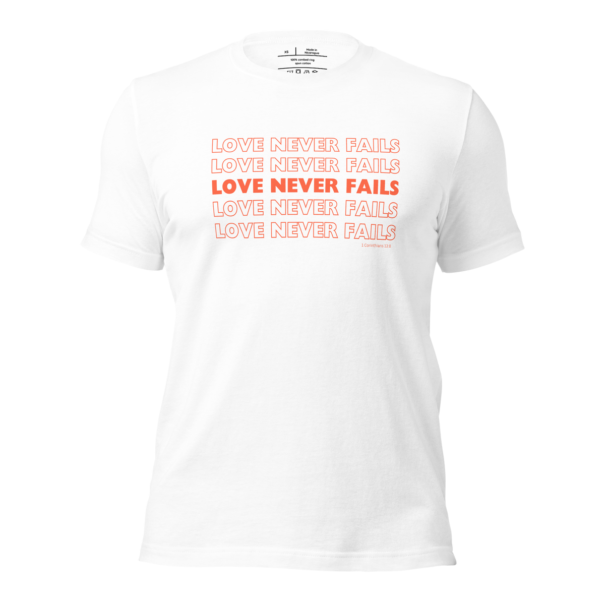 3D mockup of 'Love Never Fails' T-shirt in White, displaying front with red text.