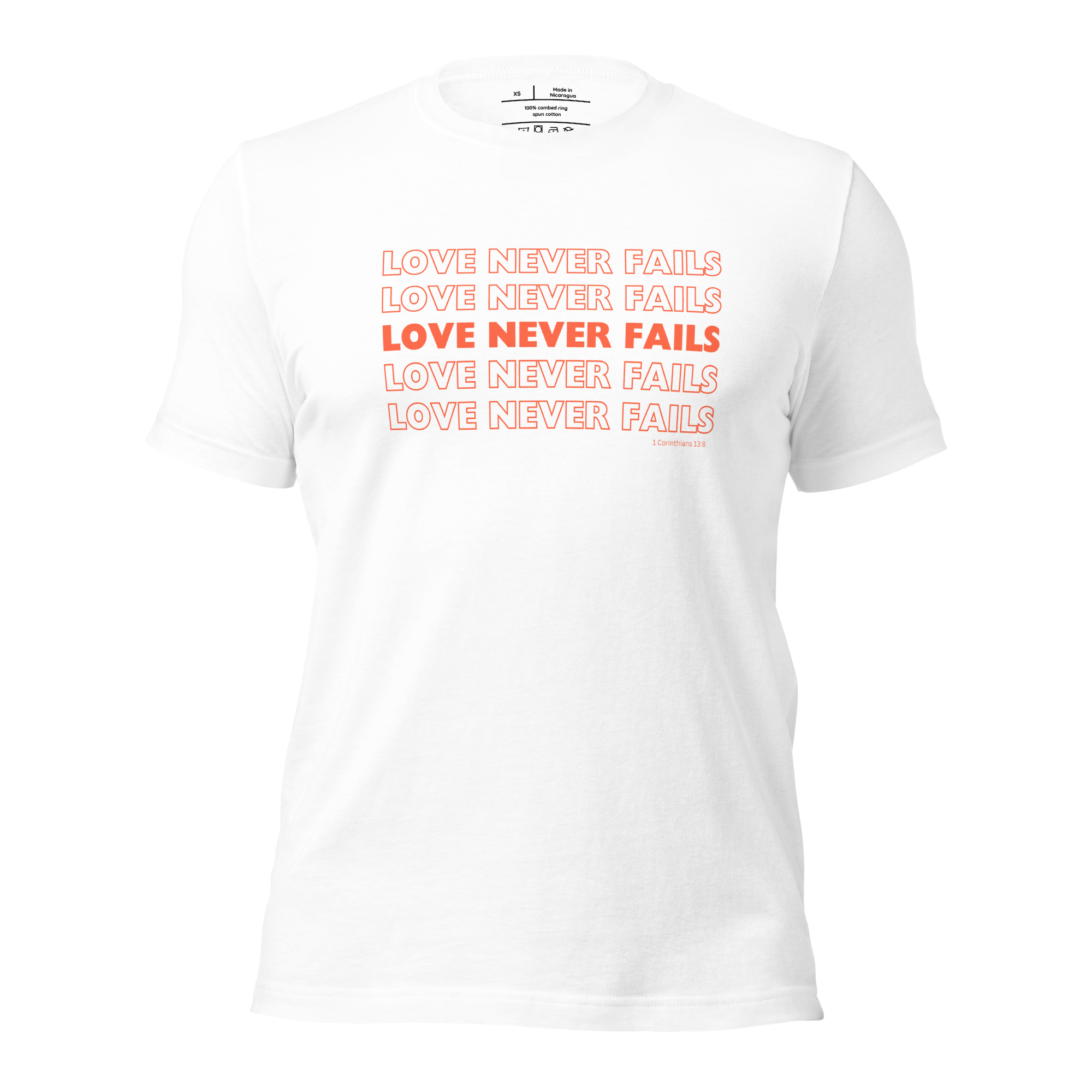 3D mockup of 'Love Never Fails' T-shirt in White, displaying front with red text.