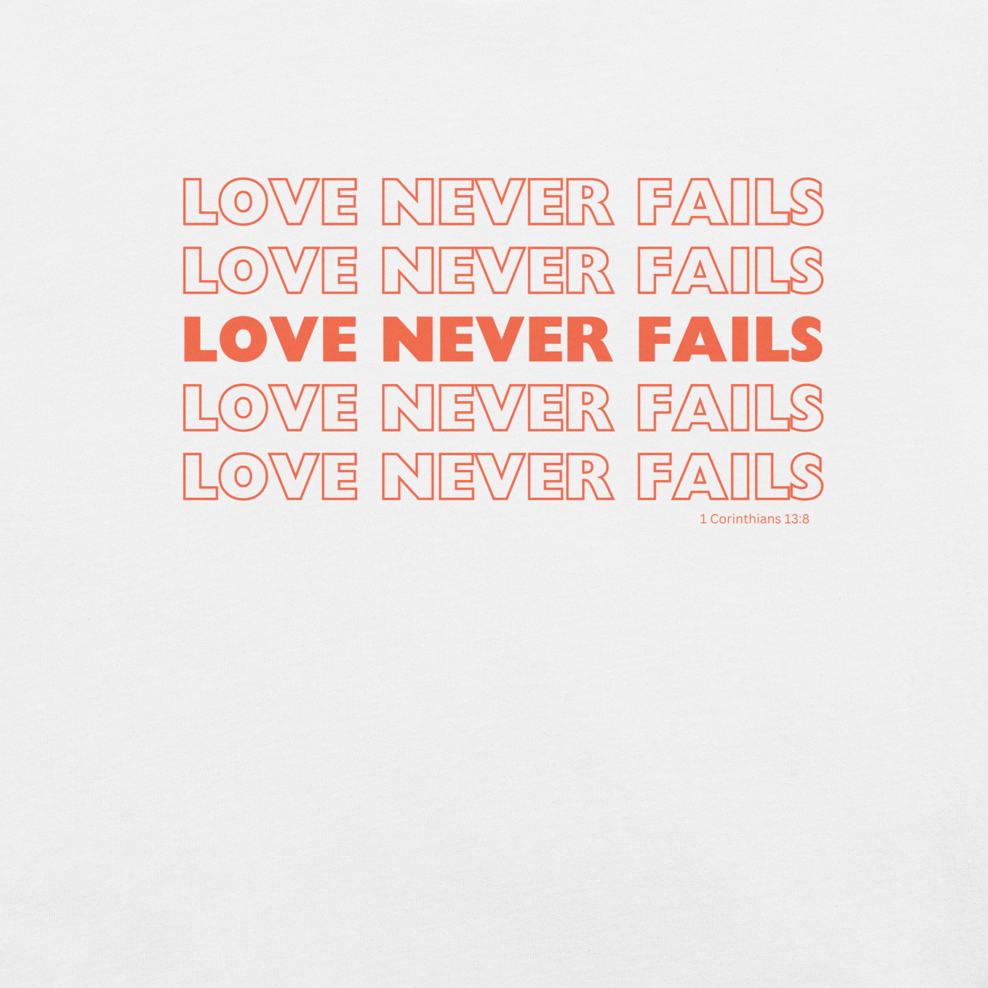Inside label of 'Love Never Fails' T-shirt showing care instructions.