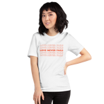 Model wearing 'Love Never Fails' T-shirt in White, side view.