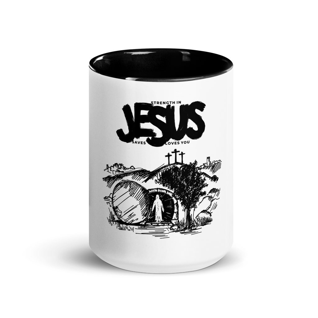 Front view of Jesus Saves You mug with black inside