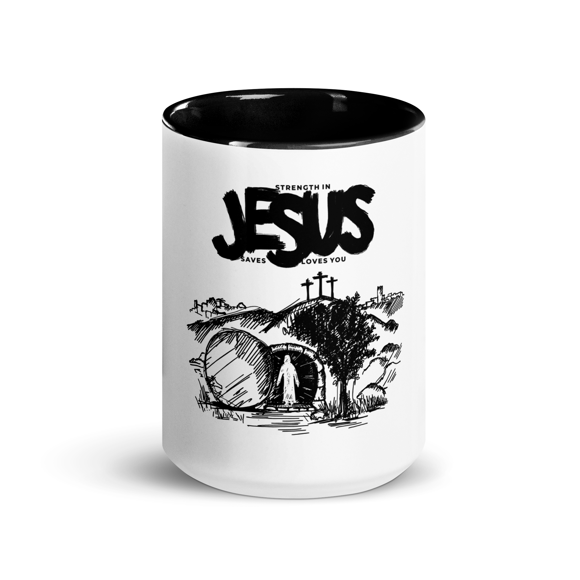 Front view of Jesus Saves You mug with black inside