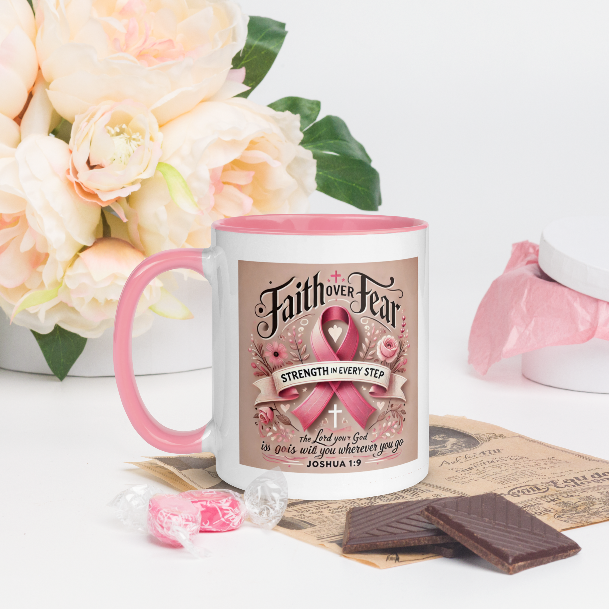 Breast Cancer Awareness Mug – Strength & Courage | Joshua 1:9